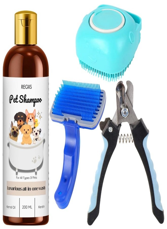 مجموعة ريجيس للعناية بالحيوانات الأليفة مع شامبو، غسول شامل 200 مل، فرشاة تنظيف ذاتي، فرشاة تلميع، مقص أظافر للكلاب والقطط (عبوة من 4 قطع) - Image 1